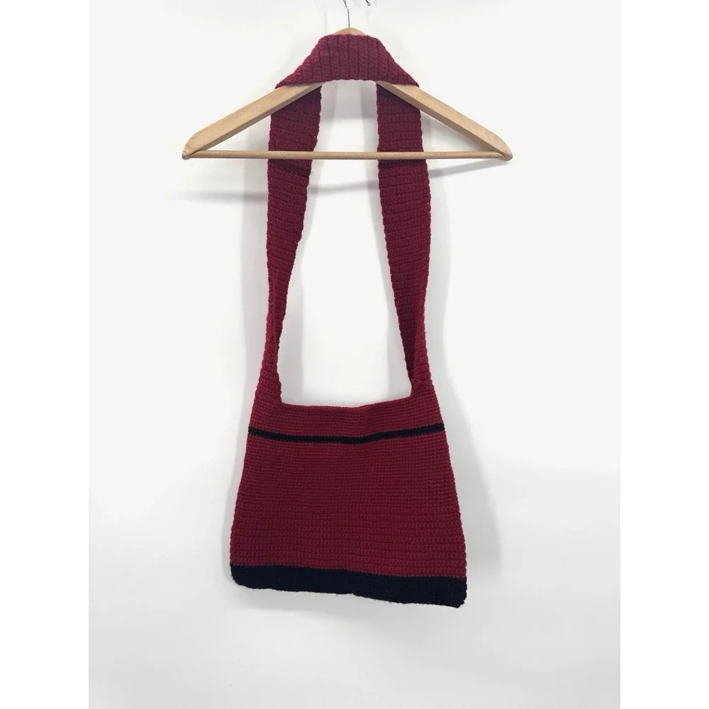 Handmade Womens Crossbody Burgundy Crochet Knit Hobo Bag 3D Rose Coquette Boho